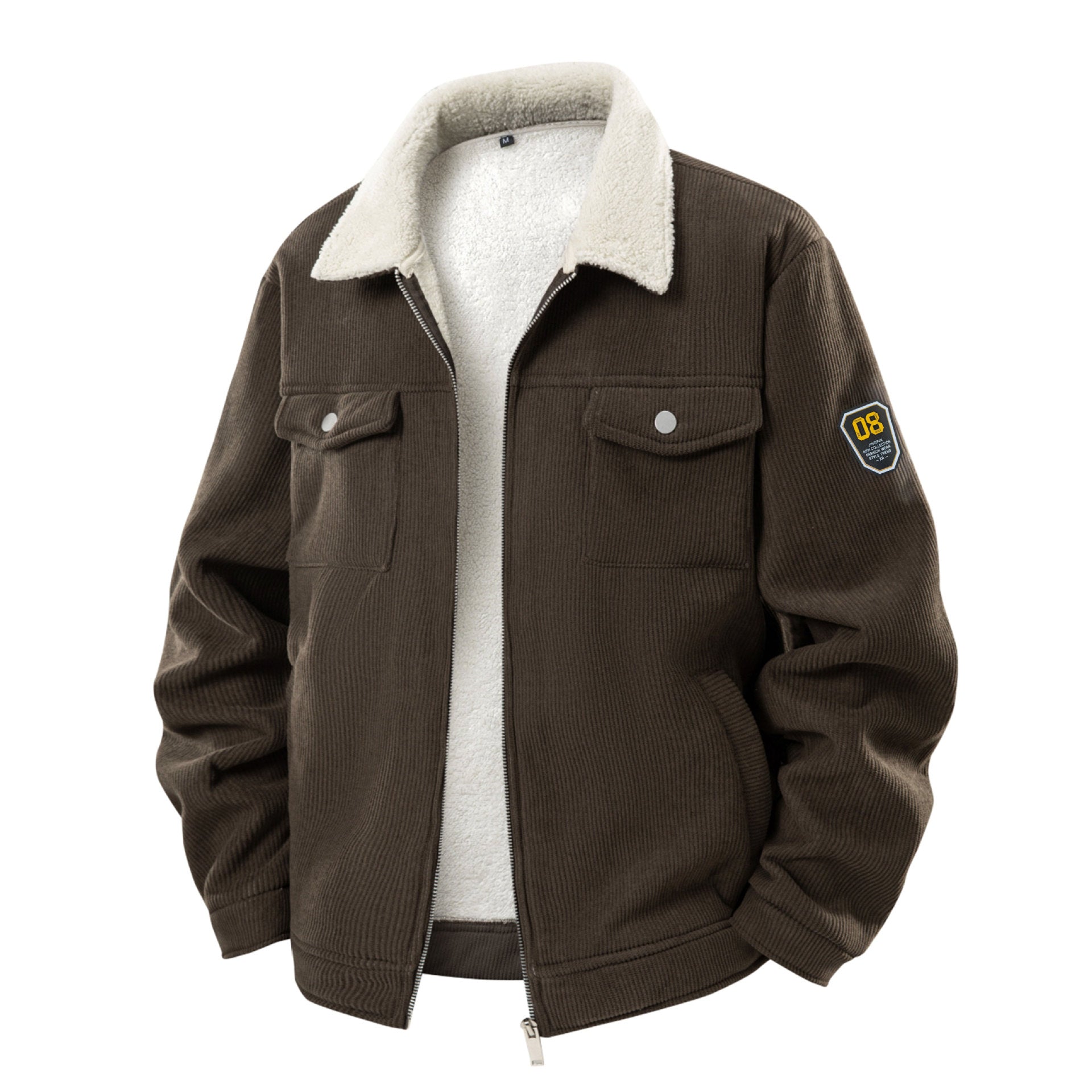Manteau homme en velours côtelé épais doublé polaire avec revers en agneau, noir, café, kaki