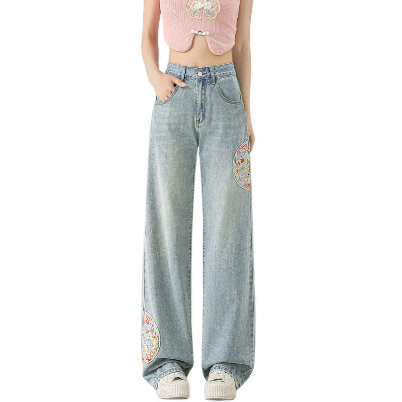 High Waist Light Blue Embroidered Wide Leg Cotton Denim Trousers