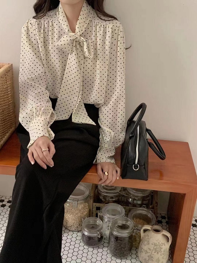 Chemise à pois en mousseline doublée de soie pour femme blanc laiteux et noir