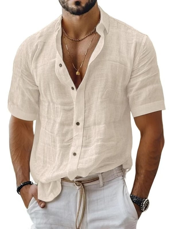 Men's Short Sleeve Cotton Linen Lapel Shirt