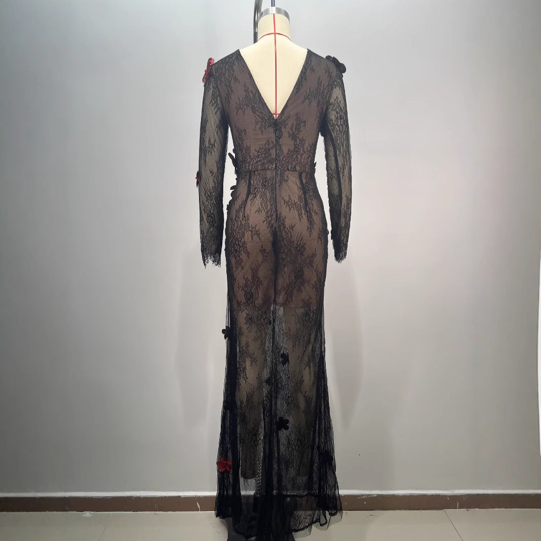 Round Neck Lace See-through Sequined Slit Slim-fitting Birthday Party Evening Dress