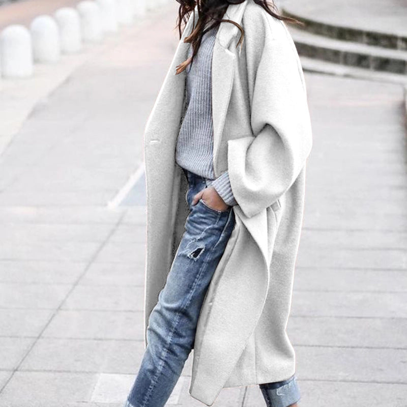 Women’s Casual Long Woolen Jacket With Pockets Solid Color Single Breasted Lapel Winter Coat