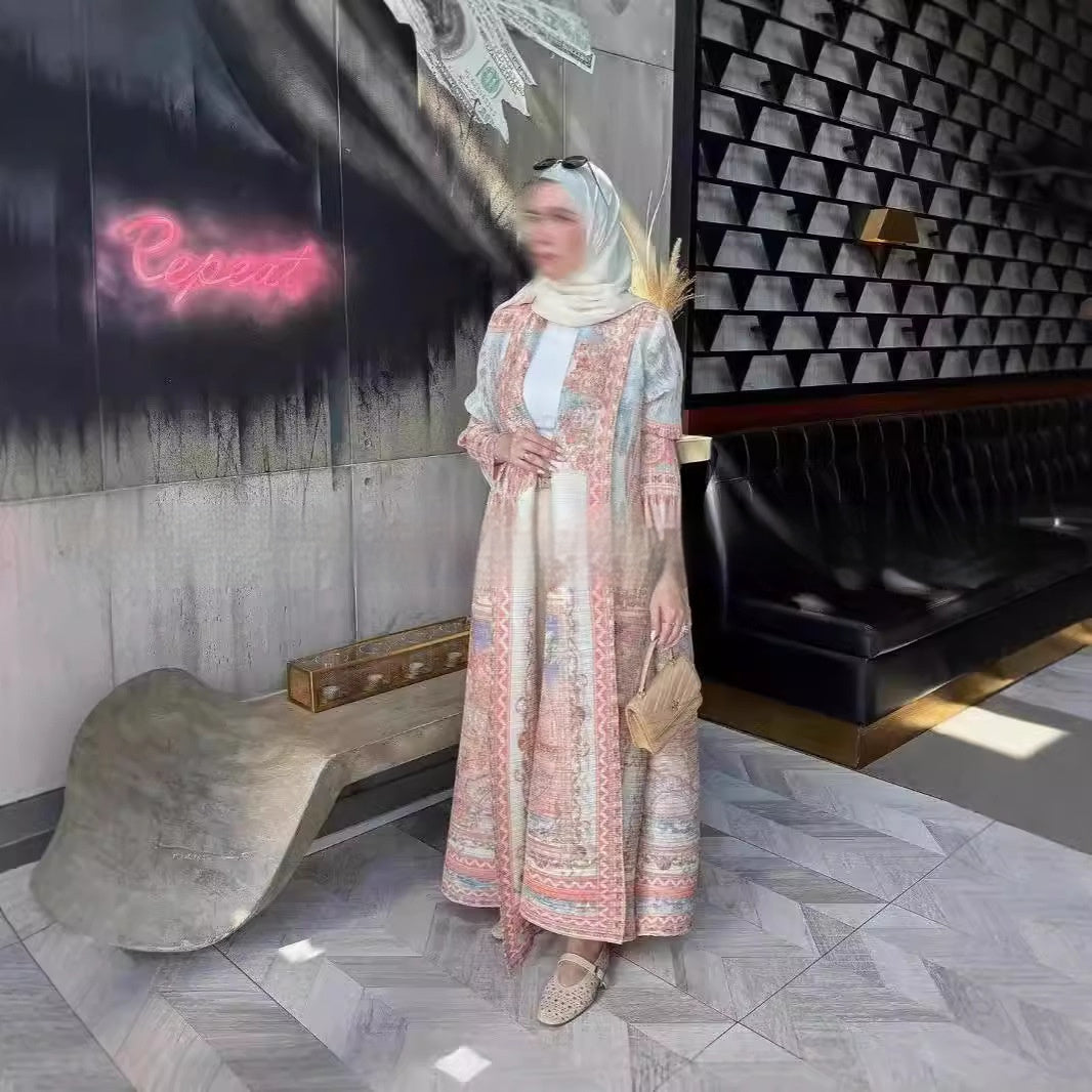 Pleated Trench Djellaba Printed Shawl Cardigan Ethnic Cloak Coat for Middle East Women