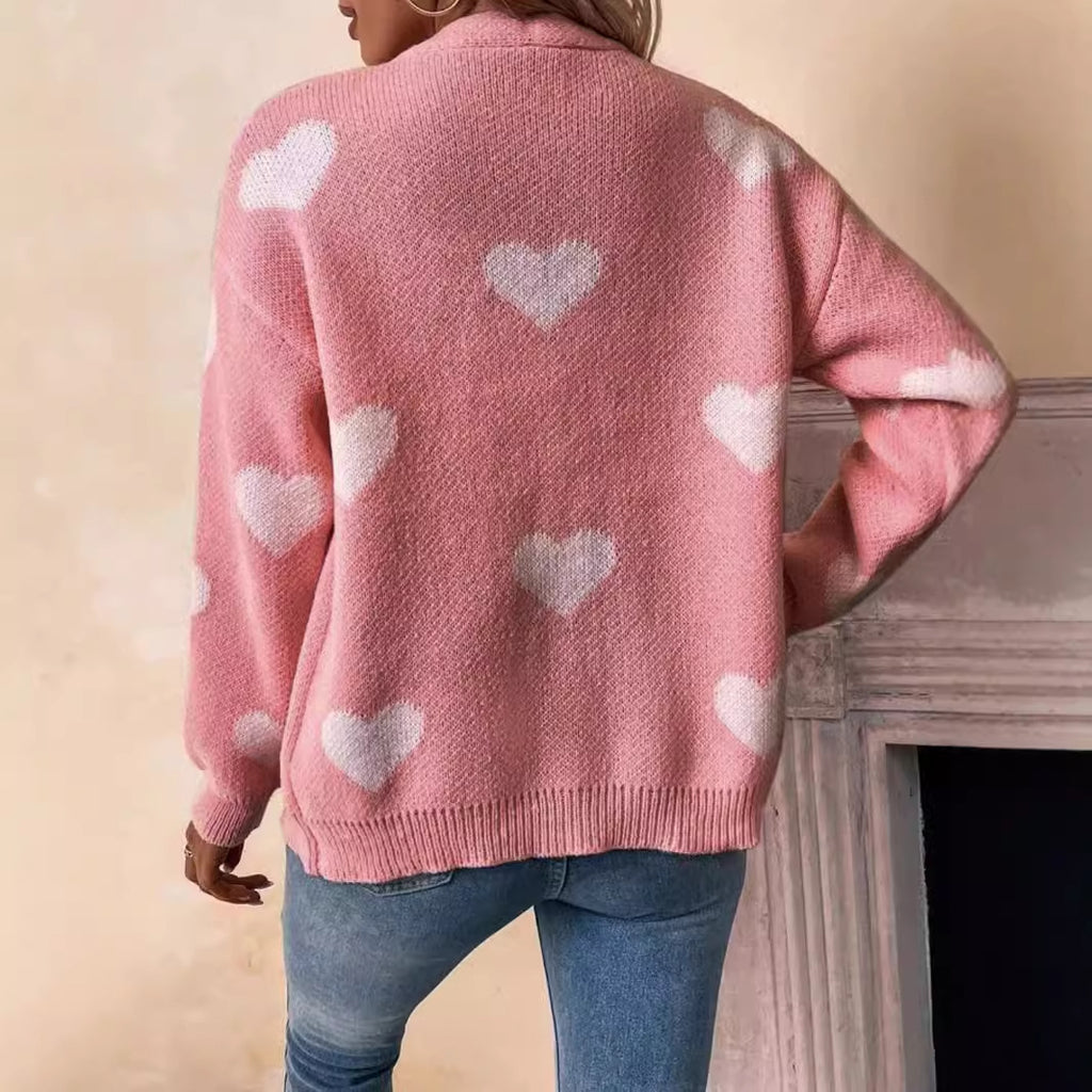 Women's Long-Sleeve Love Pattern Cardigan Sweater for Valentine's Day