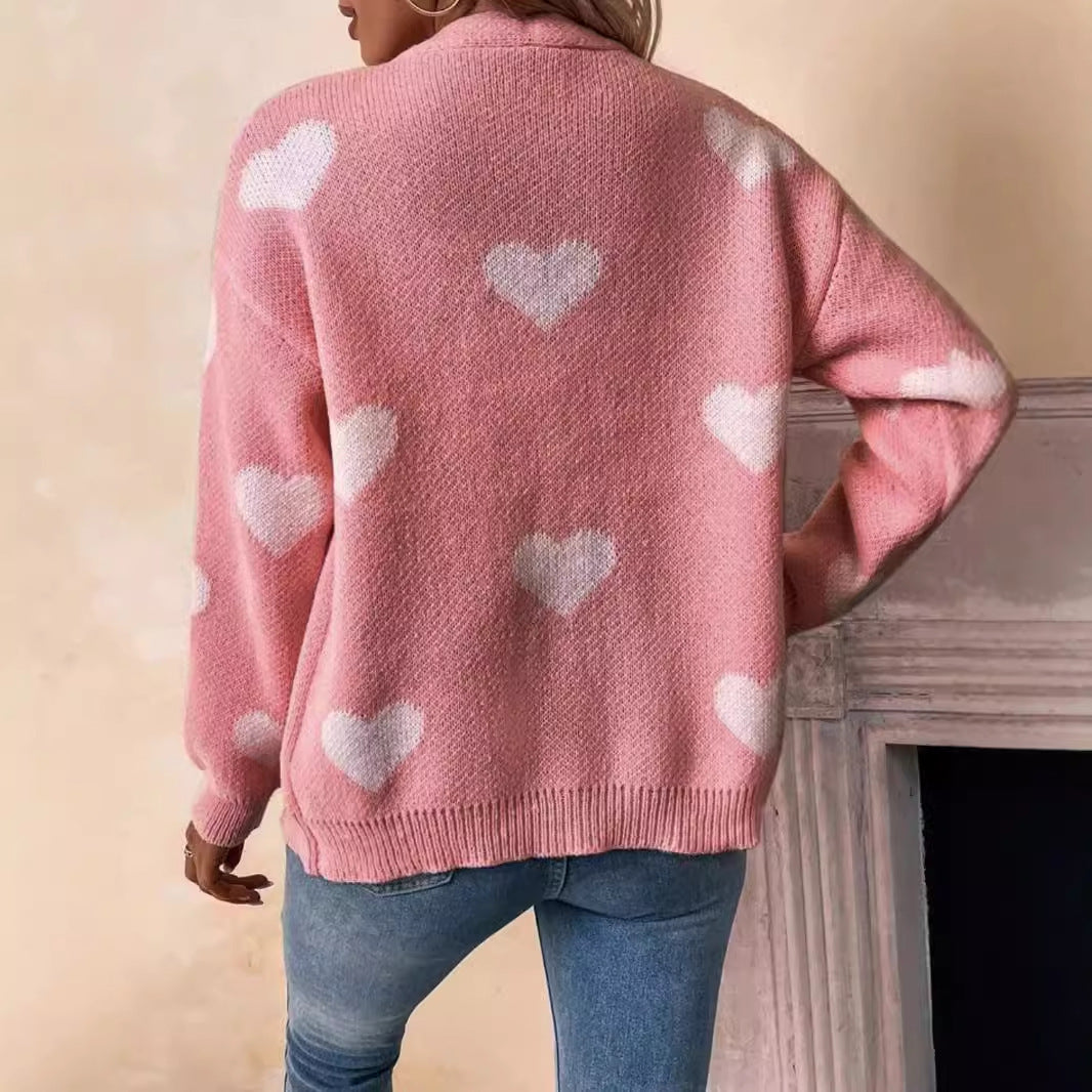 Women's Long-Sleeve Love Pattern Cardigan Sweater for Valentine's Day