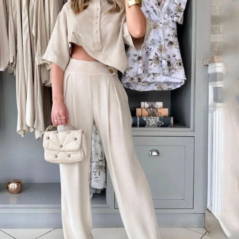 Light Gray Irregular Top & Casual Pants Suit – Polyester, S-XXL, Japanese Korean Style