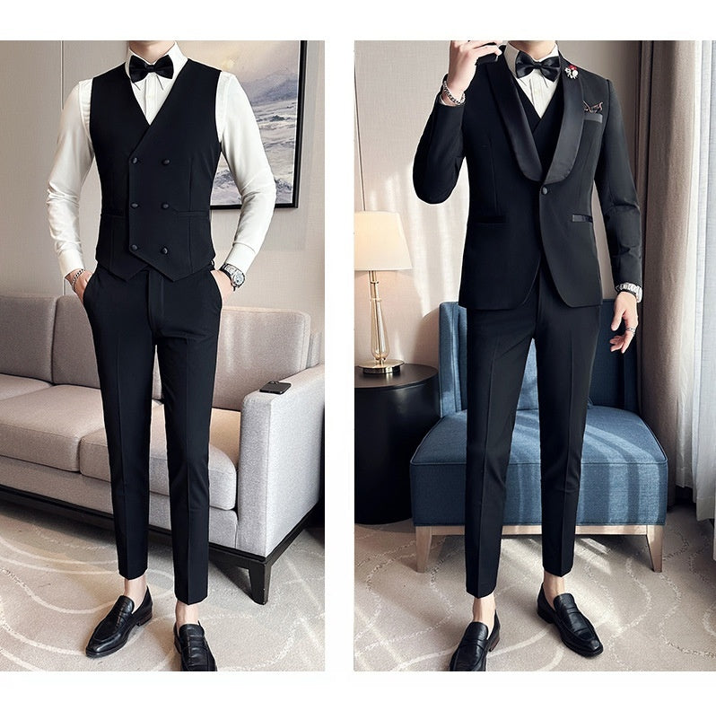 Costume de Mariage Homme Noir Coupe Slim avec Gilet et Pantalon