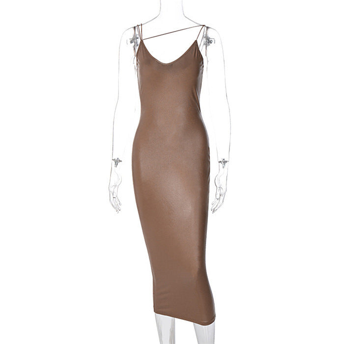 PU Leather V Neck Sling Dress with Slit Midi Skirt in Black & Brown S-XL