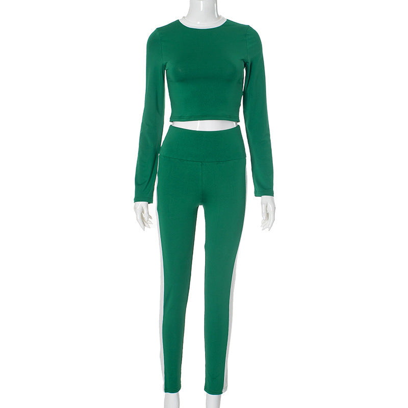 Women's Contrast Color Long Sleeve Crop Top & High Waist Trousers Set