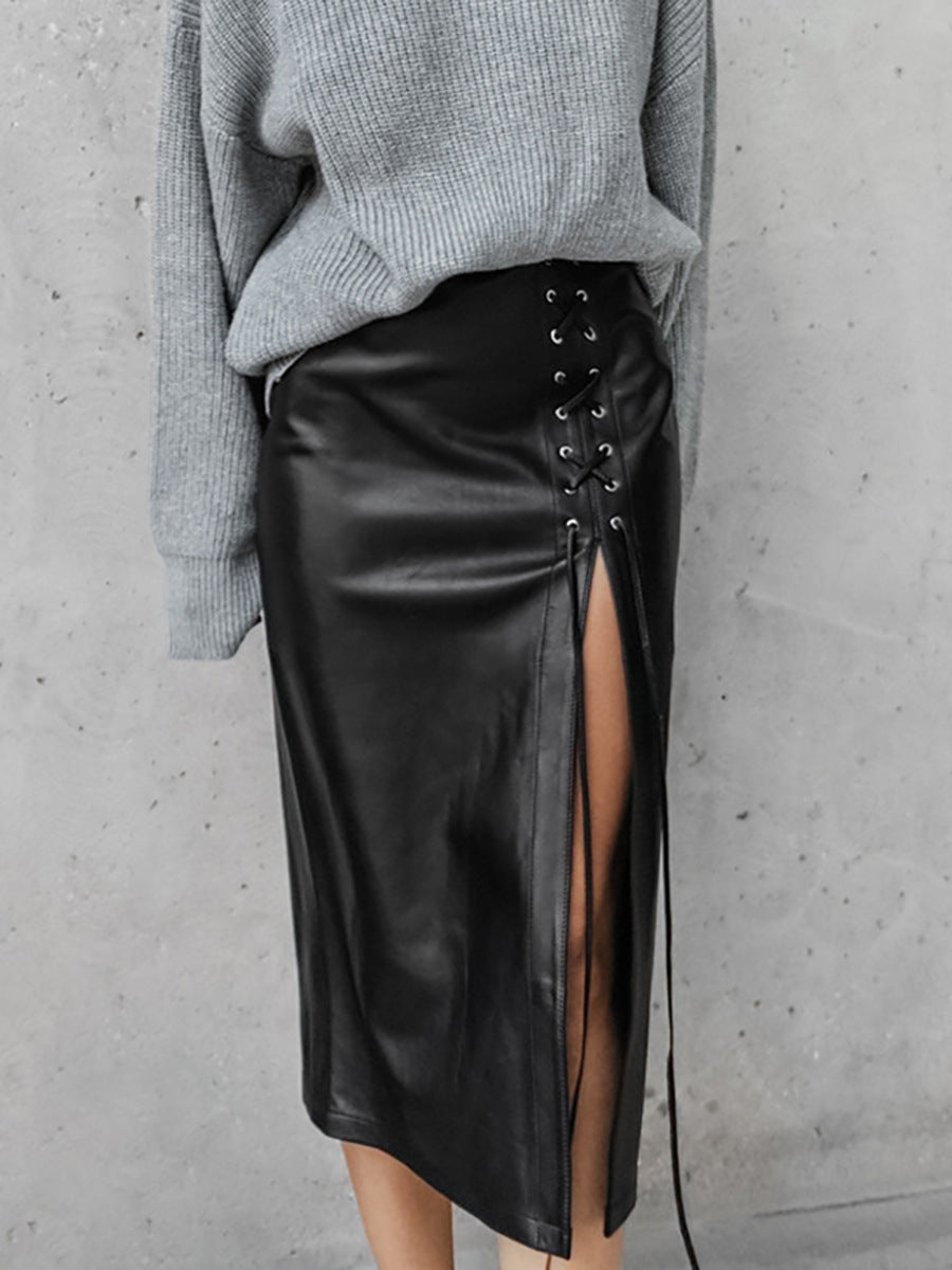 Punk Black Lace-Up PU Leather Mid-Length Skirt for Women