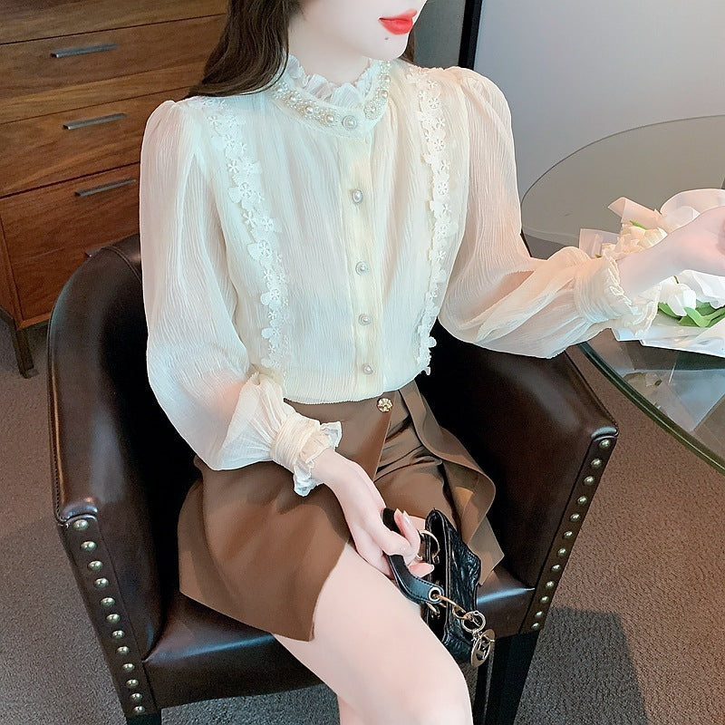 Apricot Pearl Lace Pleated Long Sleeve Shirt with Stand-Up Collar