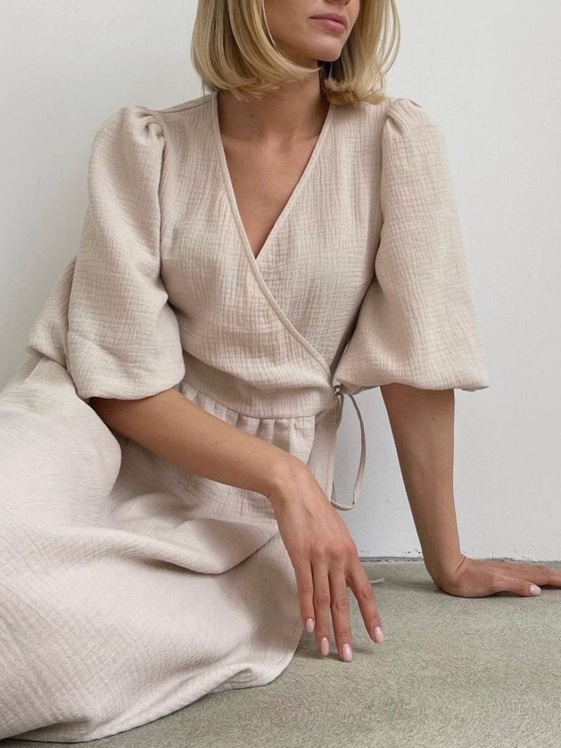 Sweet Atmosphere Solid Color Cotton Dress with Puff Sleeves