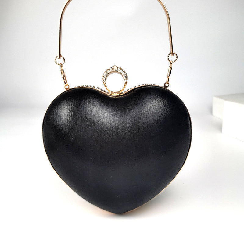 Women's Heart-Shaped Tassel Diamond Dinner Handbag 17x20x9cm Black Gold Silver