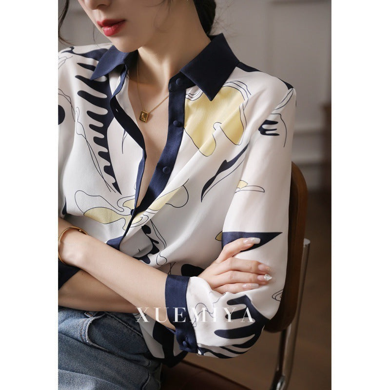 Chemise imprimée en soie artificielle pour femme, design rétro et singulier