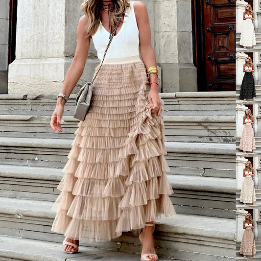 Layered Ruffles Mesh A-Line Swing Skirt Summer Party Dress for Women