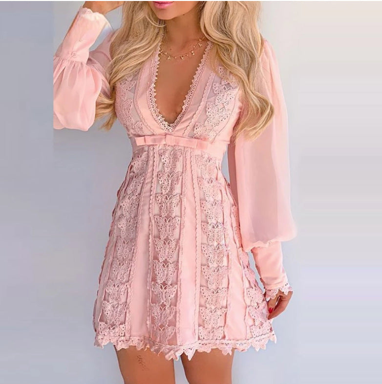 White Sexy V Neck Lace Short Dress with Long Puff Sleeves and Butterfly Design for Women
