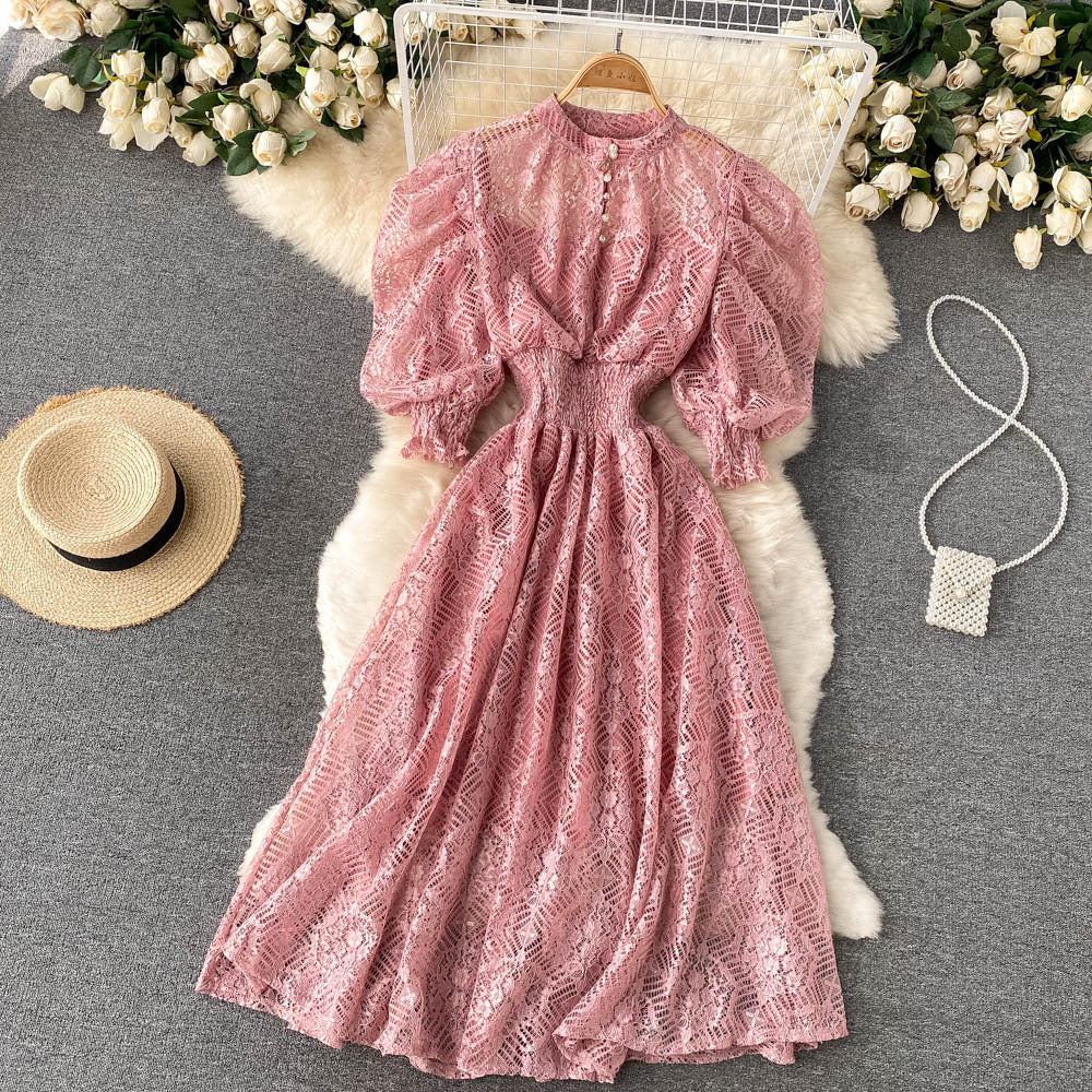 Vintage Elegant High Waist Lace Dress for Thin Girls One Size