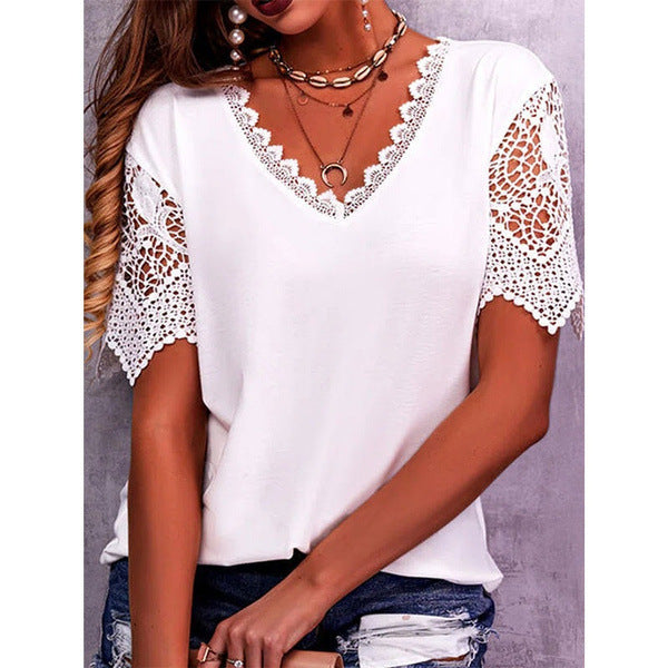 Women’s Summer Lace V Neck Loose Short Sleeve Casual Tops