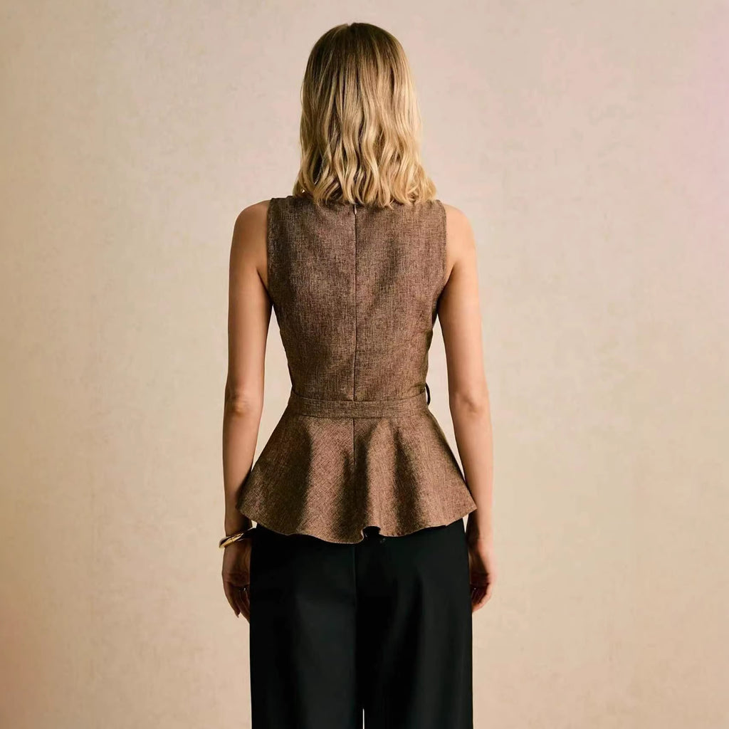 Puffy Solid-Color Sleeveless Top with Lace-Up Details for Women