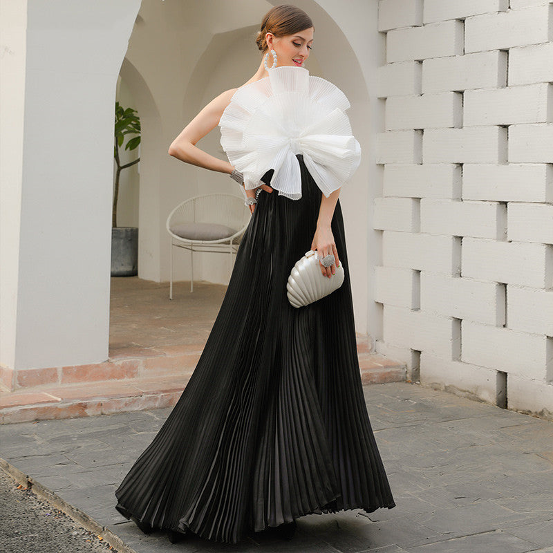 Women's Black & White Handmade Flower Hem Dress - Fashion Minimalist Polyester