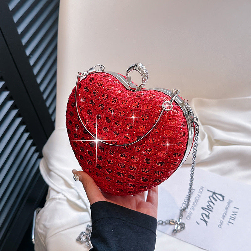 Women's Heart-Shaped Chain Messenger Bag with Sequins
