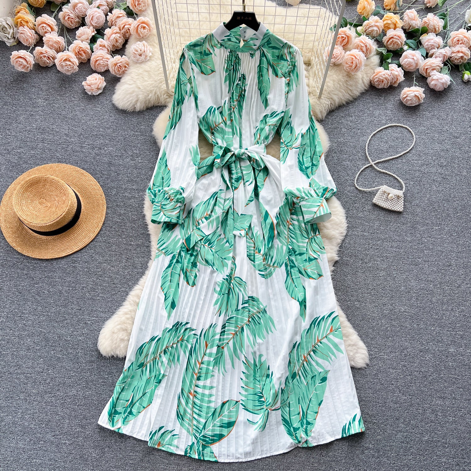 Stand Collar Long Sleeve Printed Chiffon Dress with Lace-Up Cinched Waist and Pleated Skirt