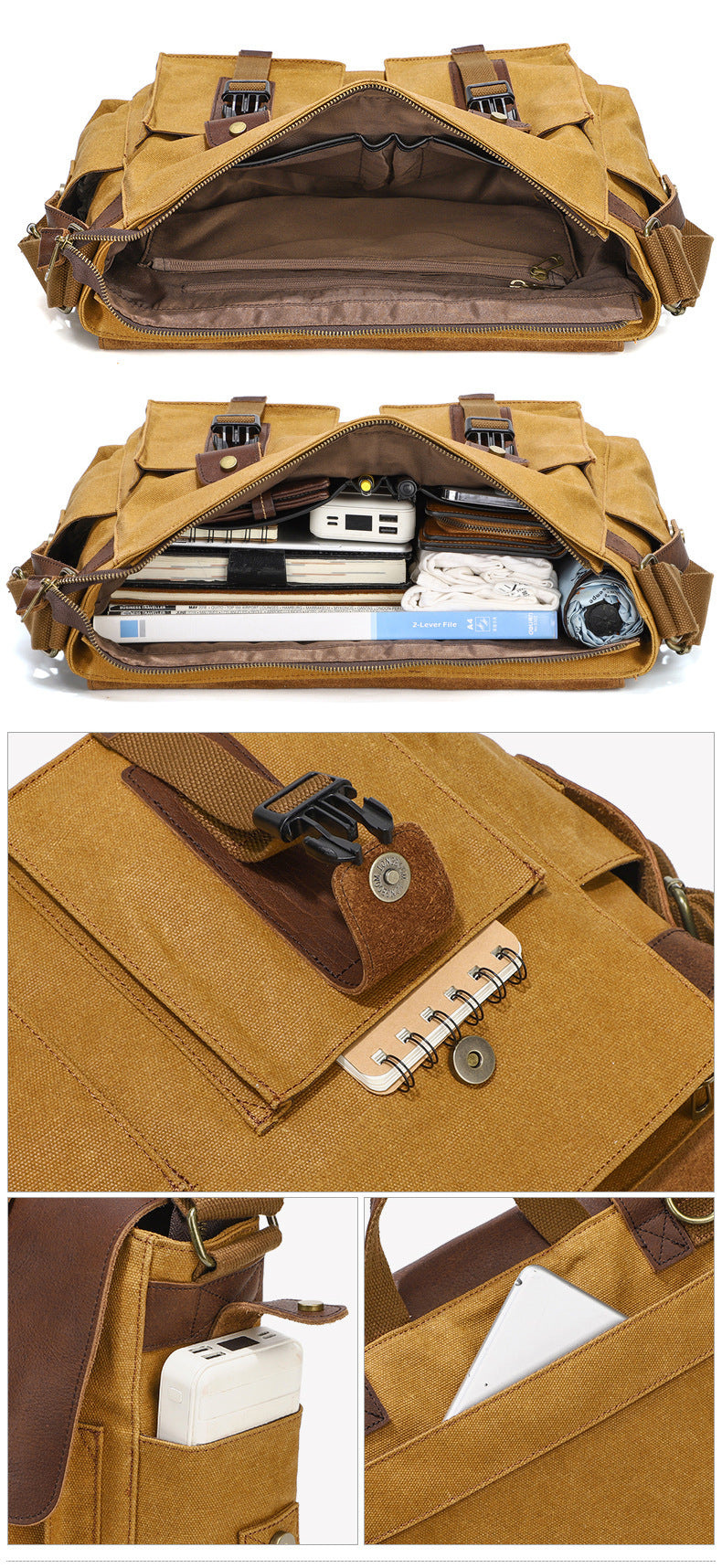Sac bandoulière en toile cirée et cuir de vachette