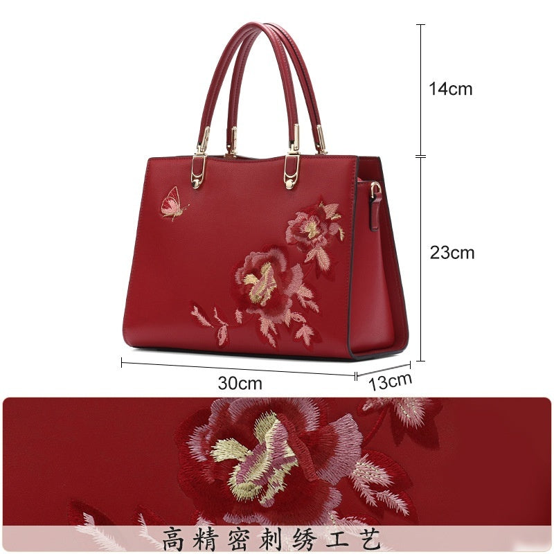Butterfly Embroidered Large Capacity Leather Diana Bag