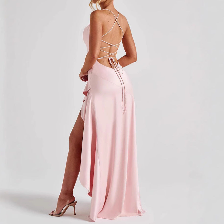 Robe longue bustier asymétrique à volants pour femme, sans manches, fendue, pour l'été, soirée, club
