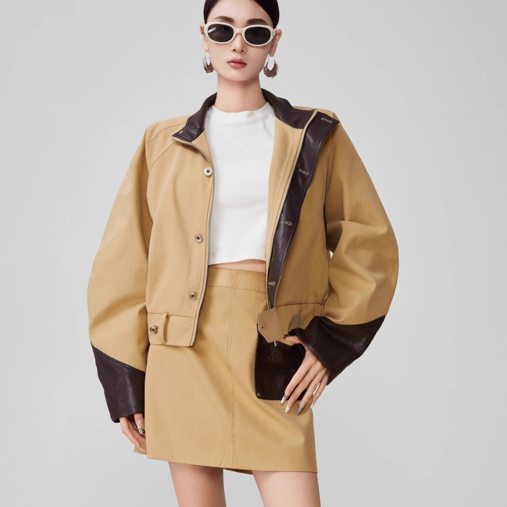 Leather Patchwork Stand-Up Collar Two-Piece Suit with A-Line Skirt for Women