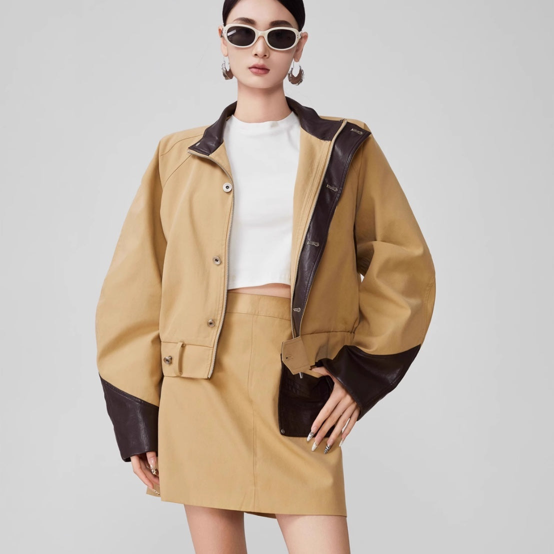 Leather Patchwork Stand-Up Collar Two-Piece Suit with A-Line Skirt for Women