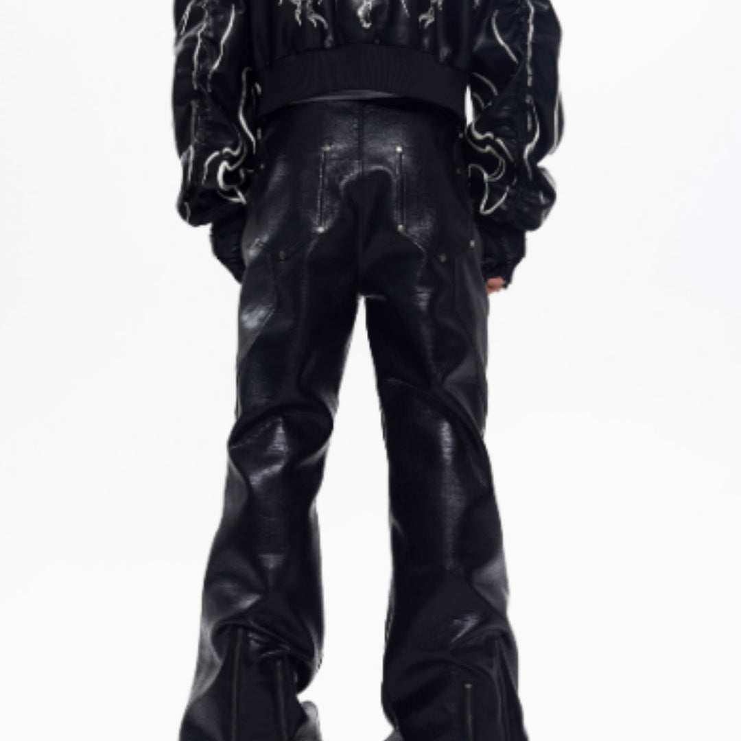 Zipper Design Micro Pull-Up Leather Pants for Men Autumn Black S-XL
