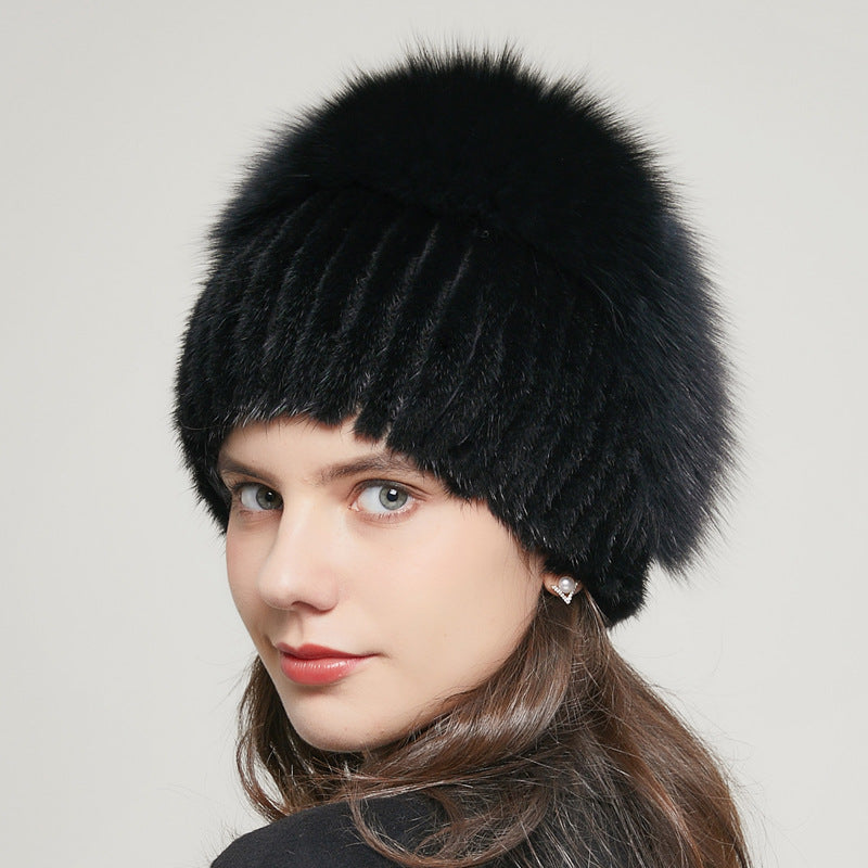 Bonnet d'hiver chaud en fourrure de renard avec strass et tricot extensible pour femme
