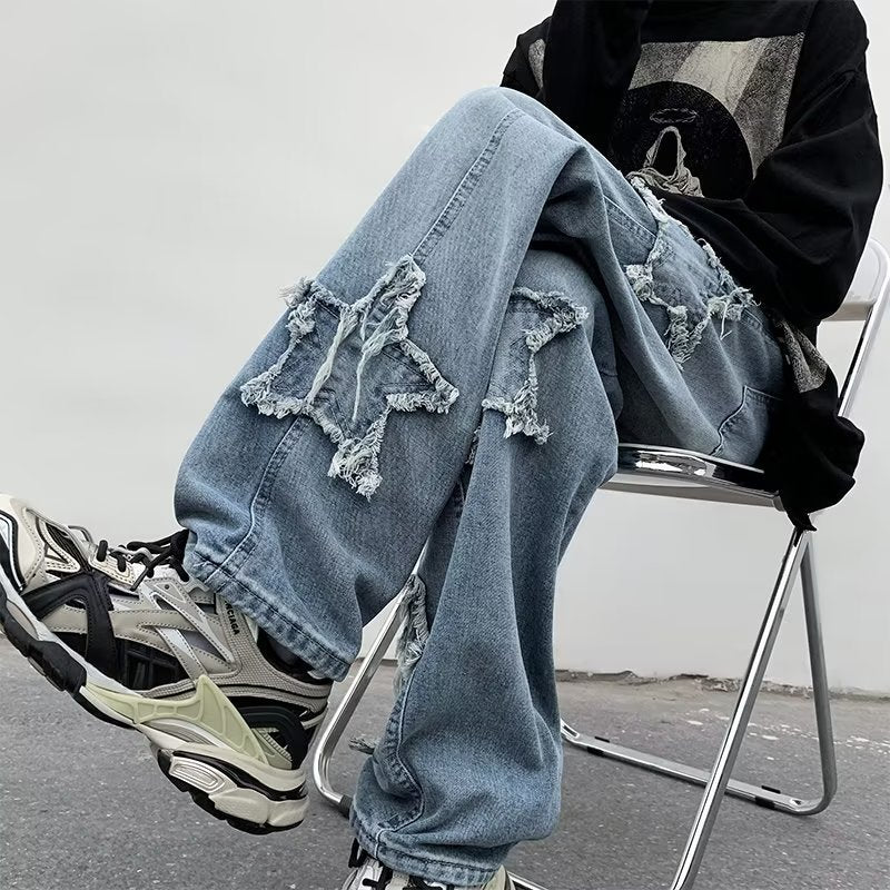 Men's Blue Loose Straight Denim Pants Mid Waist