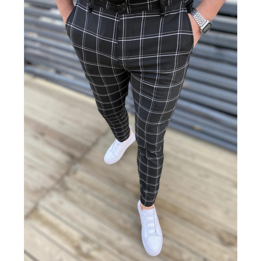 Men's Mid Waist Plaid Casual Tapered Trousers