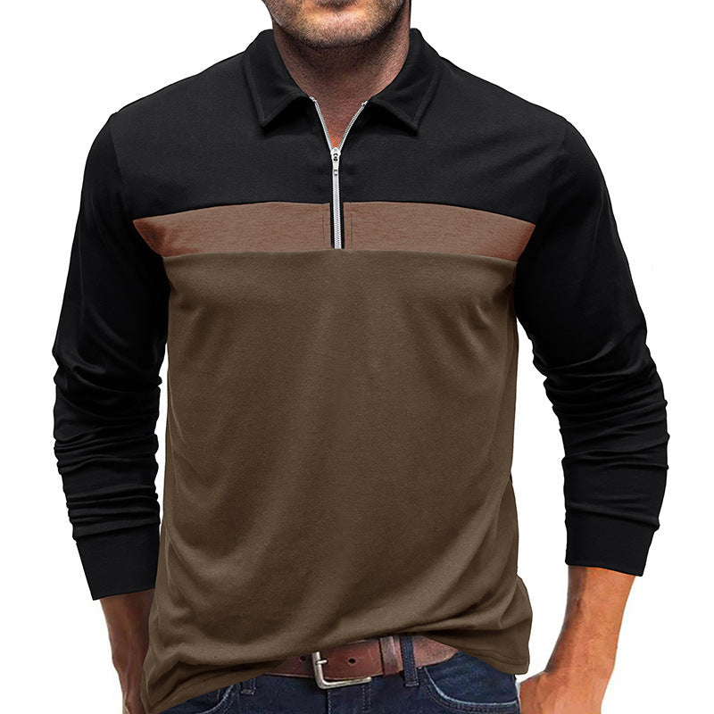 Men's Autumn Winter Lapel Colorblock Polo Shirt with Zipper Detail