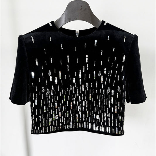 Fashion Bead Pleuche Top Mid-length Dress Set