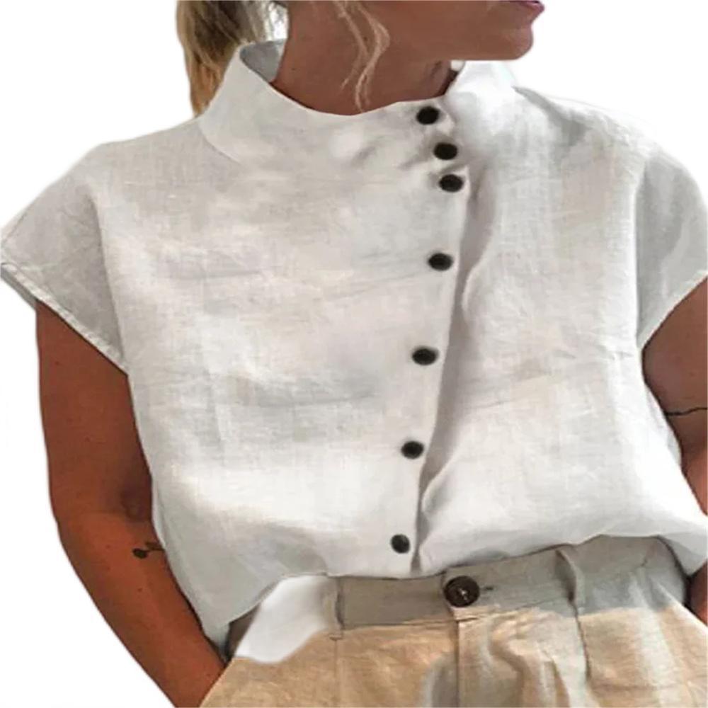 Chemise décontractée en coton et lin pour femme, col montant, coupe ample