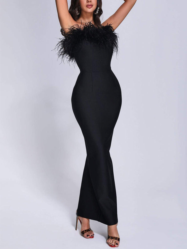 Robe bustier en fourrure d'autruche pour femme en noir, blanc, rouge rosé et rouge, tailles S-XL