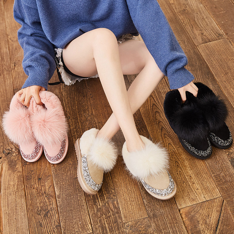 Women’s Short Fox Fur Snow Boots Shallow Mouth Flat Heel