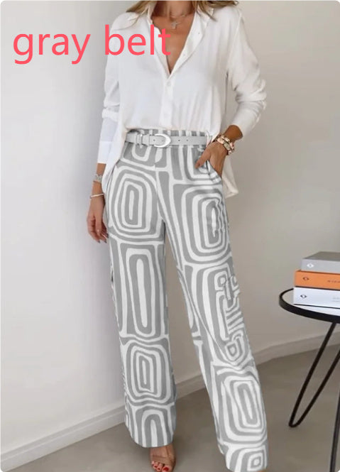 Ensemble chemise décontractée à manches longues et revers pour femme et pantalon ample imprimé