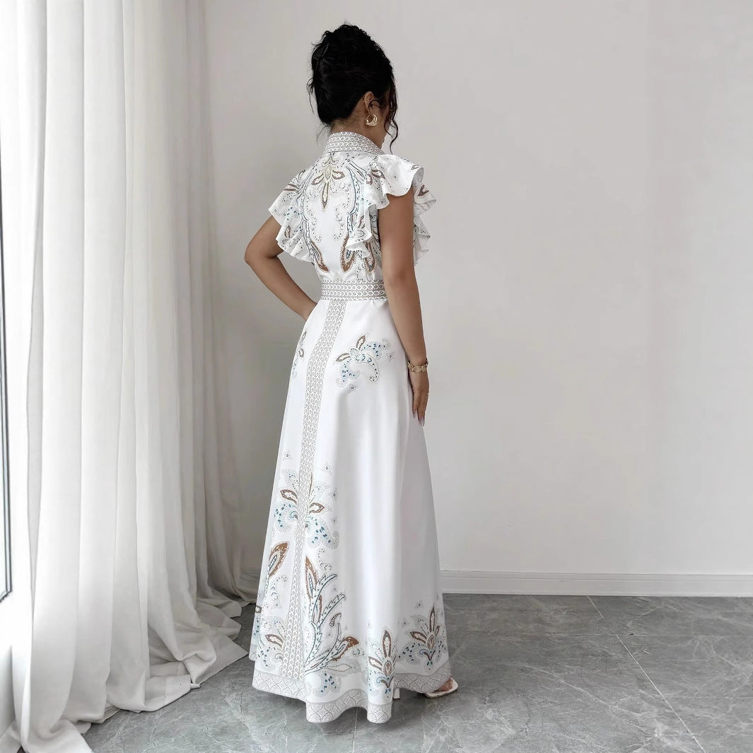 Robe mi-longue pour femmes du Moyen-Orient, imprimée rétro, à manches longues, taille cintrée et col montant