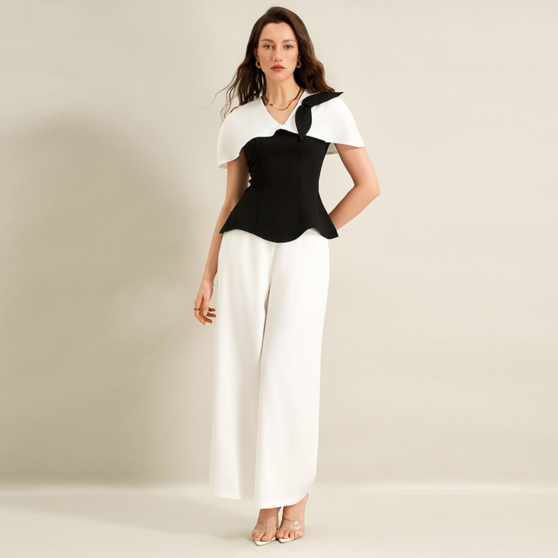 Elegant Commuter Black-and-White Color-Block Shirt Set