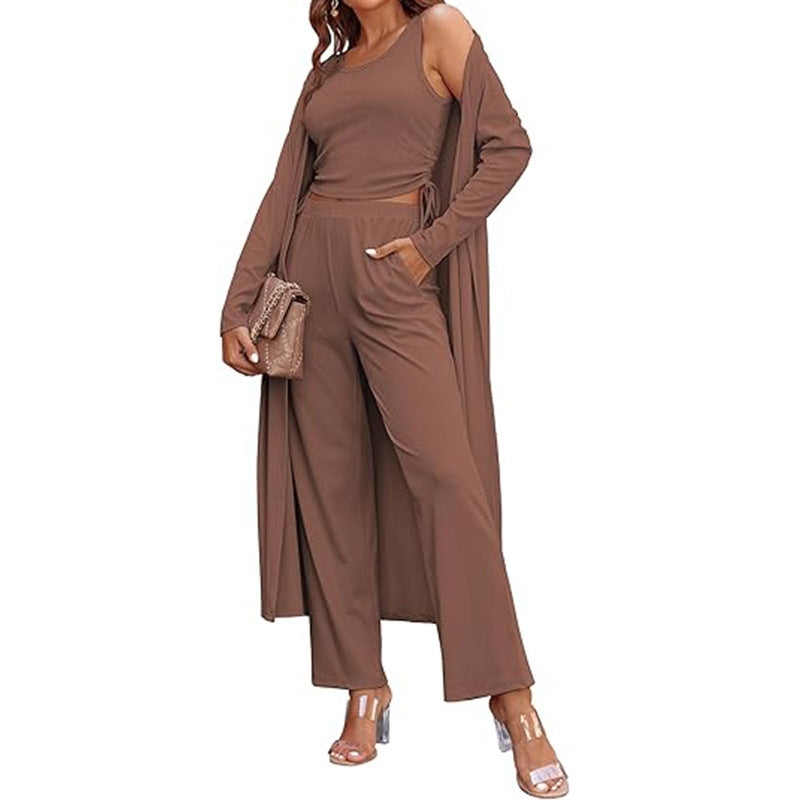 Women's Three Piece Casual Long-sleeved Cardigan Trousers Suit