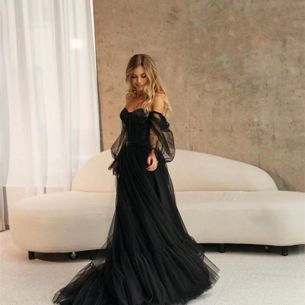 Women's Black Long Sleeve Transparent Lace Wedding Dress