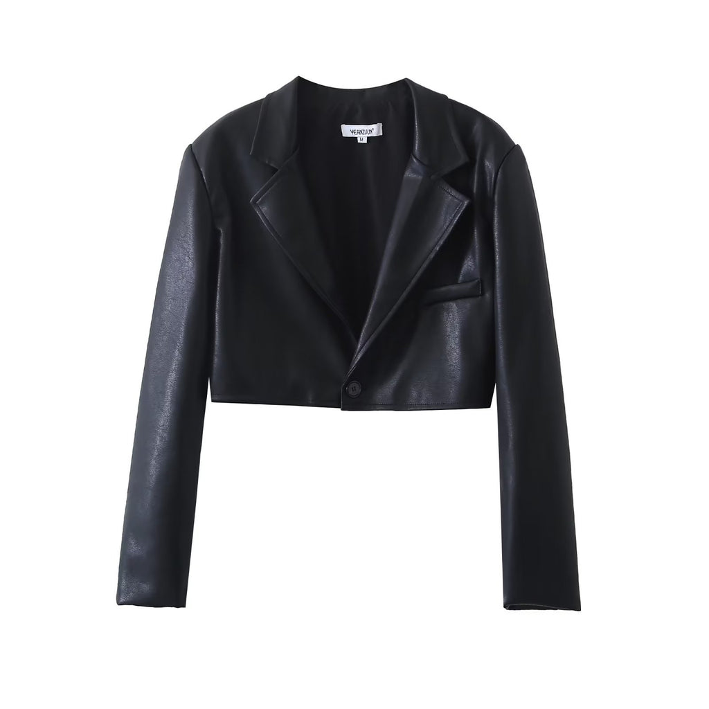 Hot Girl Black Polyester Leather Skirt Suit with Long Sleeve