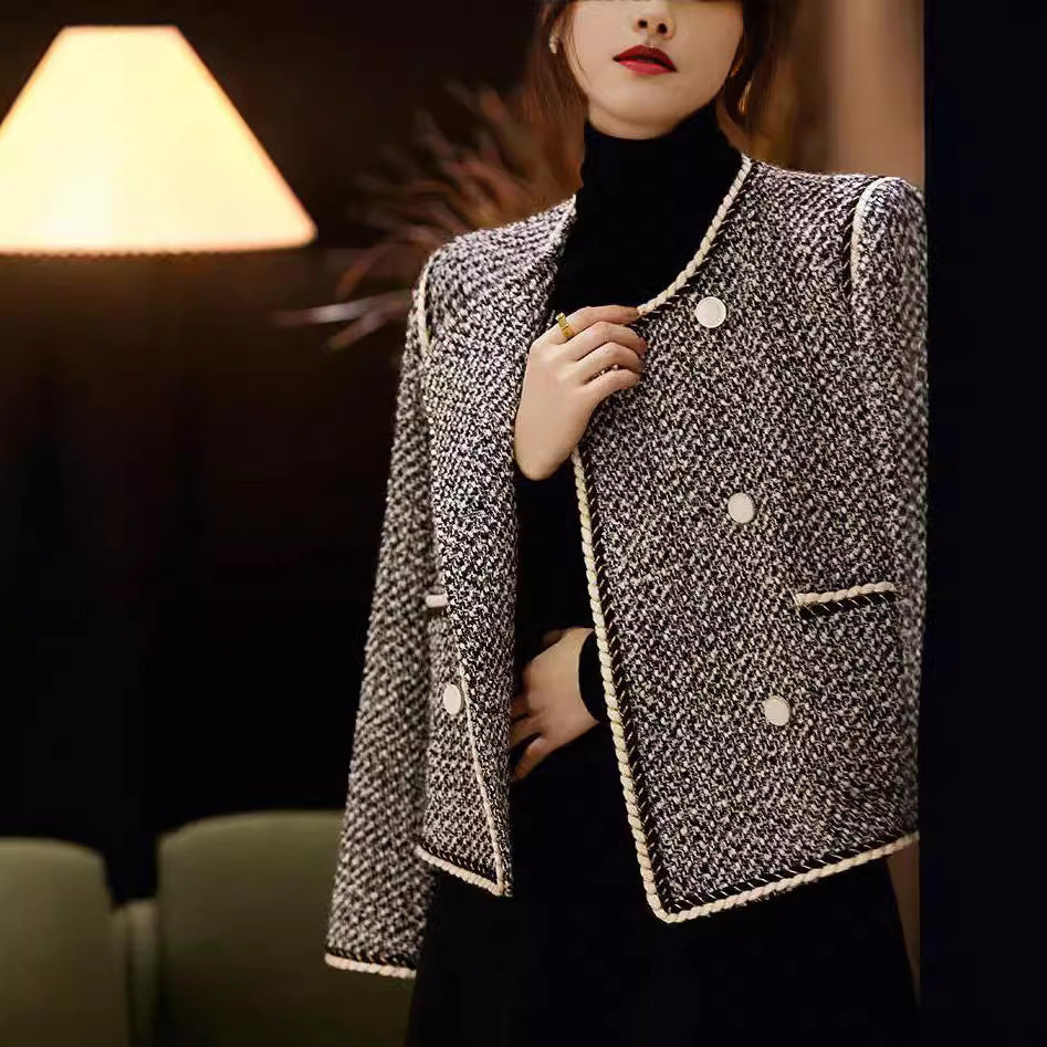 Double Breasted Tweed Western Style Short Coat for Women, Black & White, S-2XL