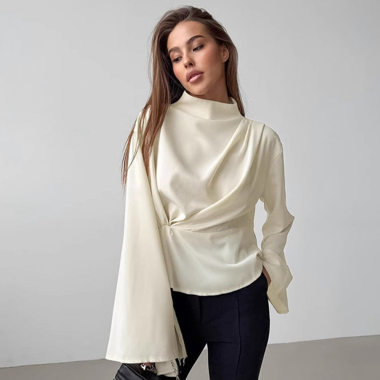 Apricot Chiffon Small Stand Collar Bell Sleeve Pleated Split Shirt