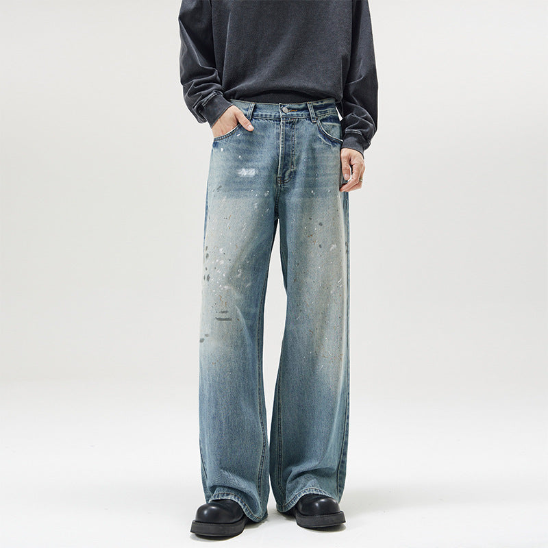 American-Style Ice Blue Washed Loose Denim Jeans