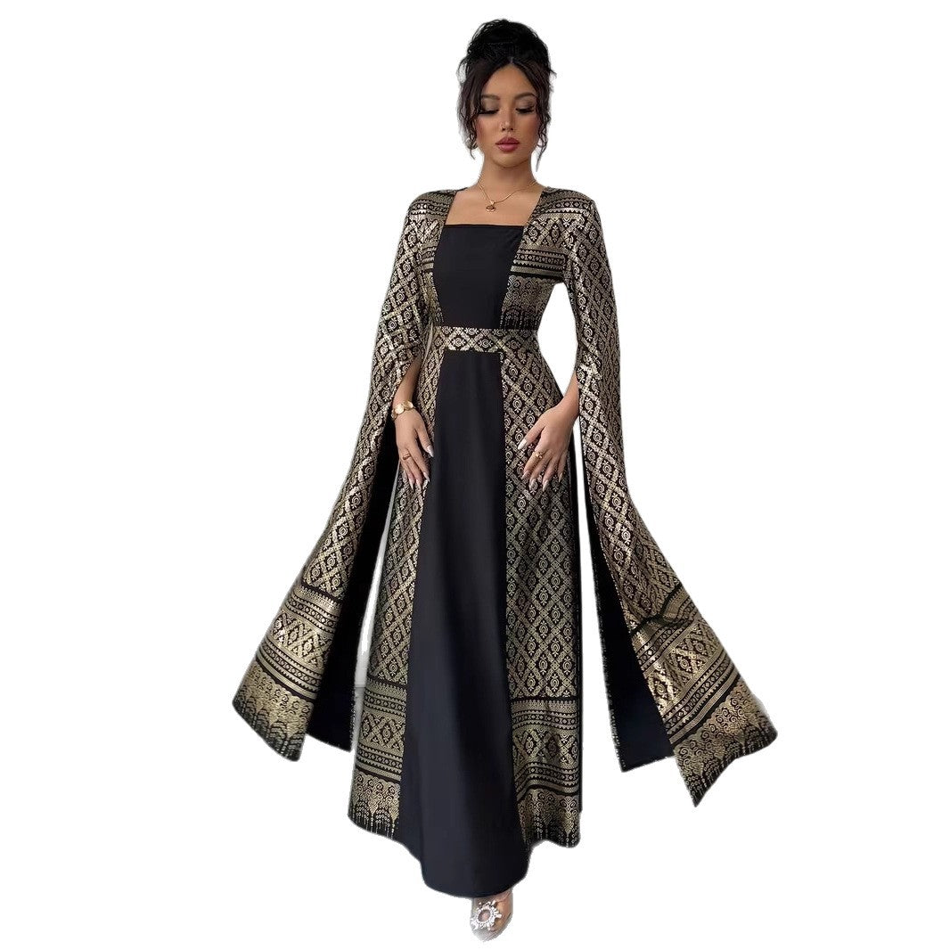 Elegant Arabian Womens Casual Long-sleeve Flared Dress